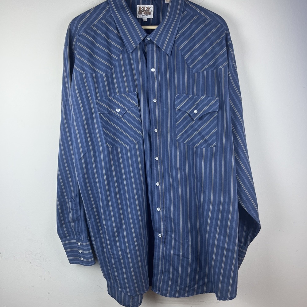 Men's 2XL Tall Ely Cattleman Blue/Brown Striped Western Pearl Snap Shirt XXL